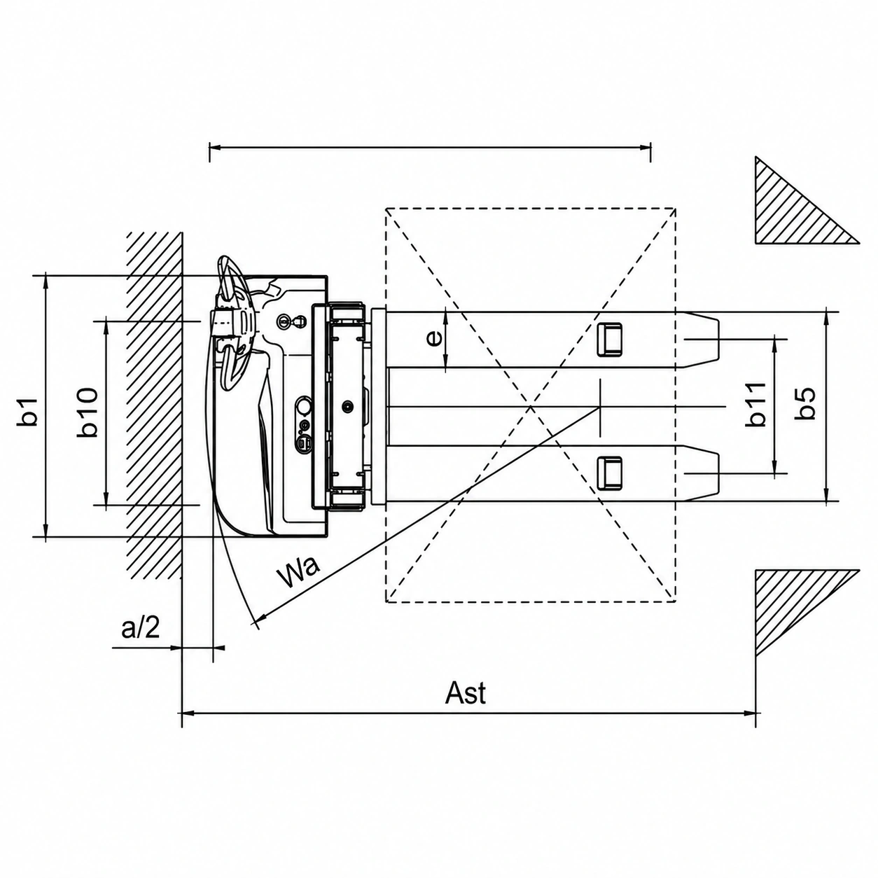 Schemă cu dimensiunile stivuitorului cu catarg electric EVV10B, EVV12B și EVV15B