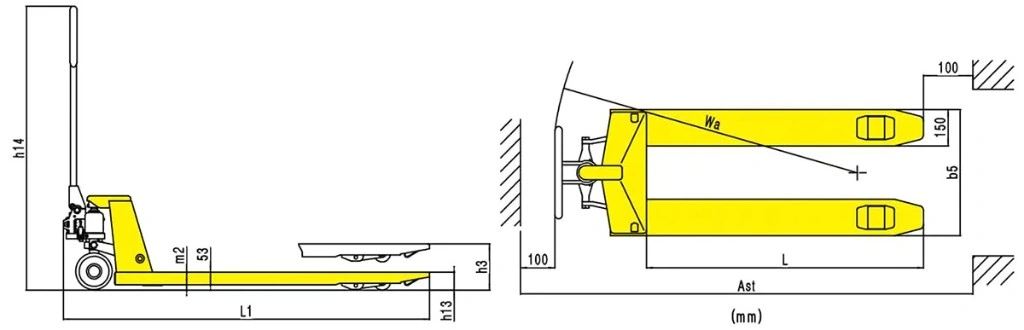 Dimensiunile transpaletului manual economic RPV2000E de 2000 kg