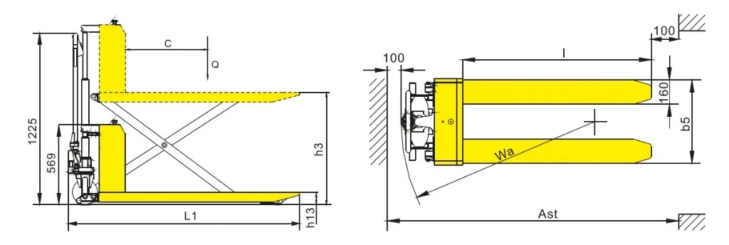 Dimensiunile transpaletului semielectric tip foarfecă PESV8