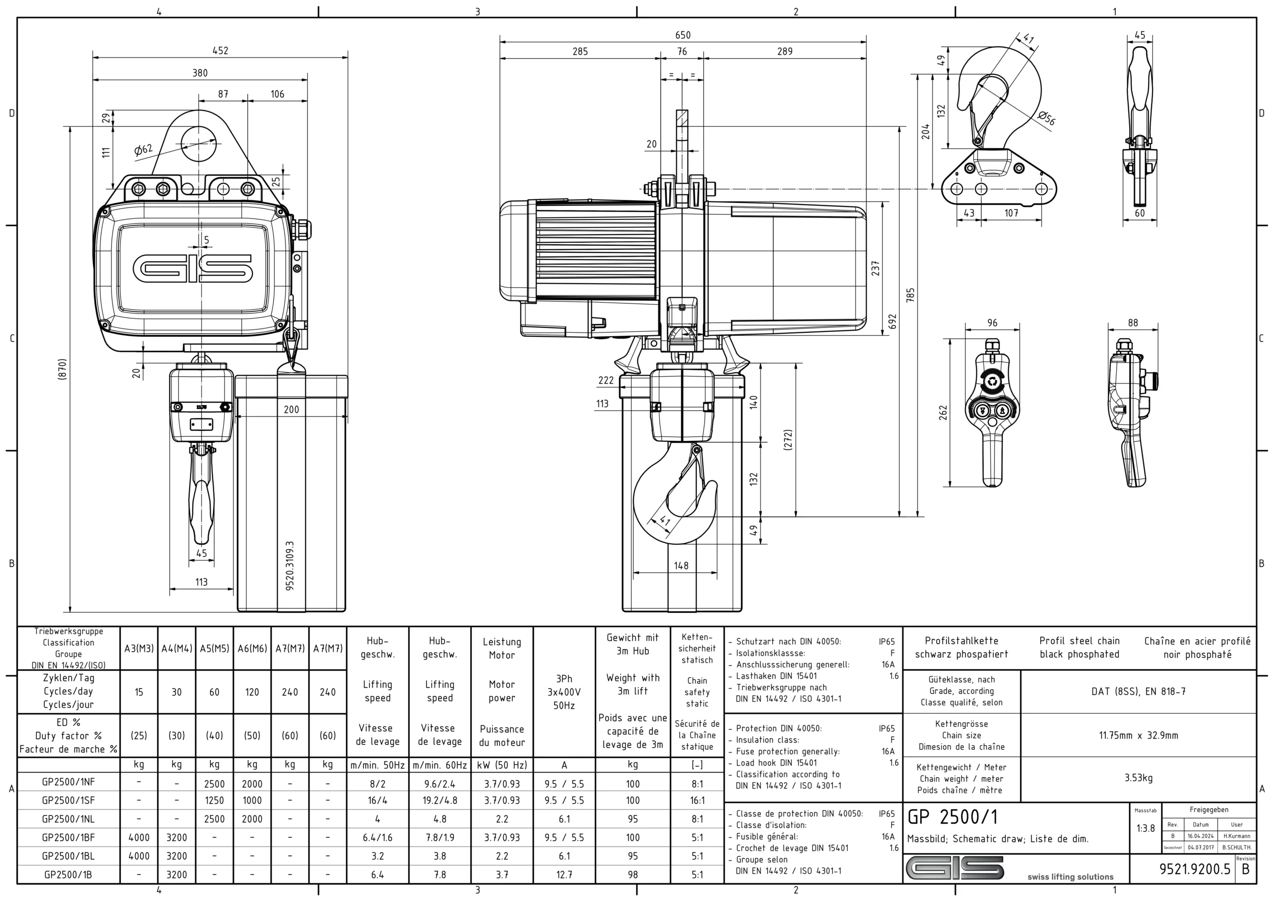 Palan electric cu lanț GIS GP2500, 1000–6300 kg