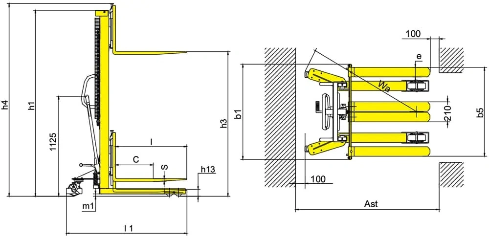 Dimensiunile stivuitorului manual RVV2000-KPV de 2000 kg
