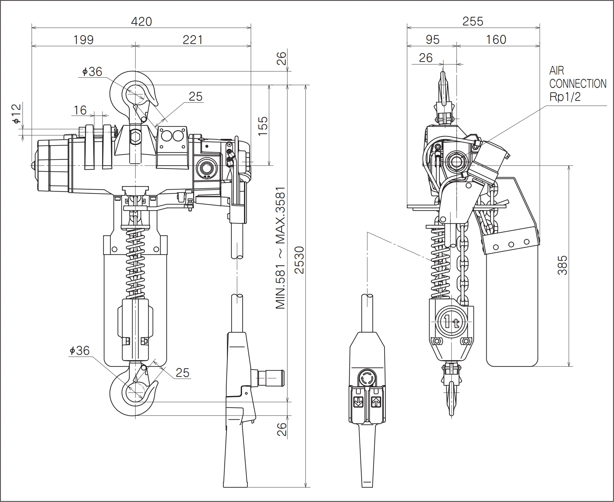 Palan pneumatic cu lanț ENDO EHV cu reglarea continuă a vitezei