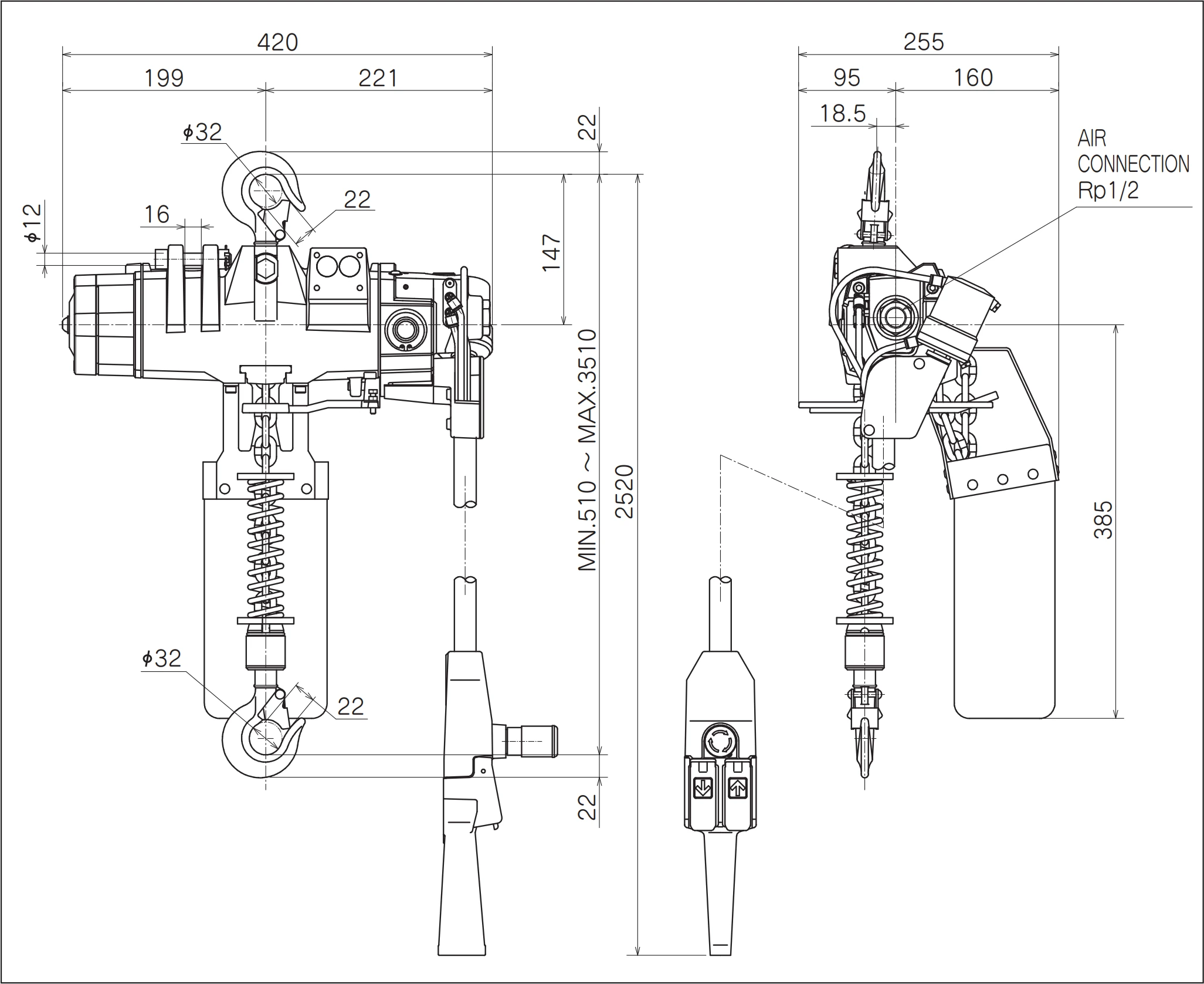 Palan pneumatic ENDO EHV cu lanț de sarcină clasa DAT