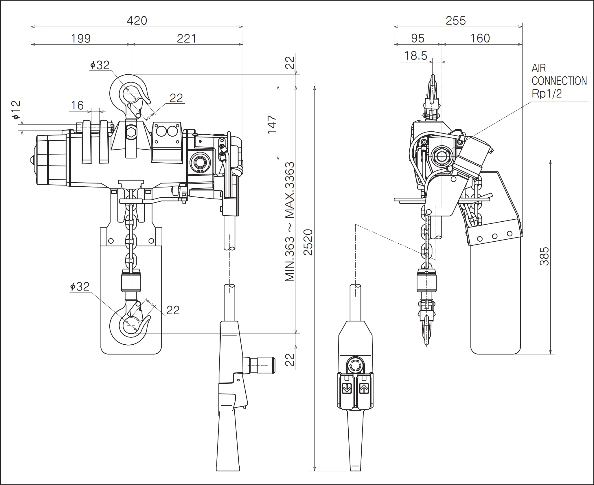 Palan pneumatic cu lanț ENDO ATEX EHV pentru aplicații industriale