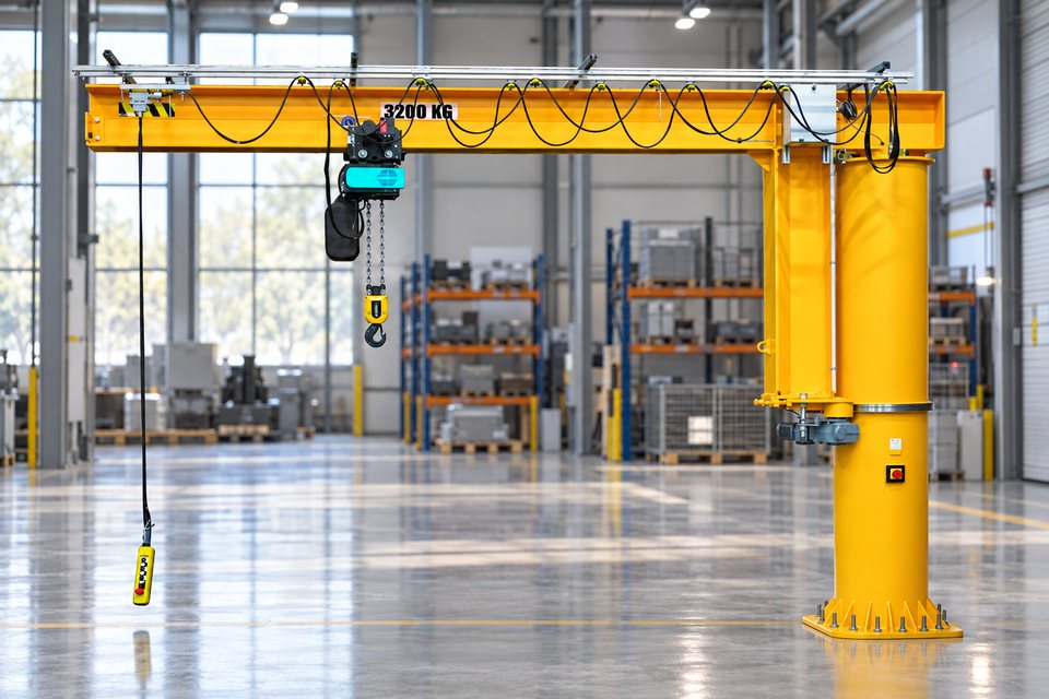 Macara pivotantă Comege RSD pe coloană, cu rotație completă și palan electric cu lanț, într-o hală industrială